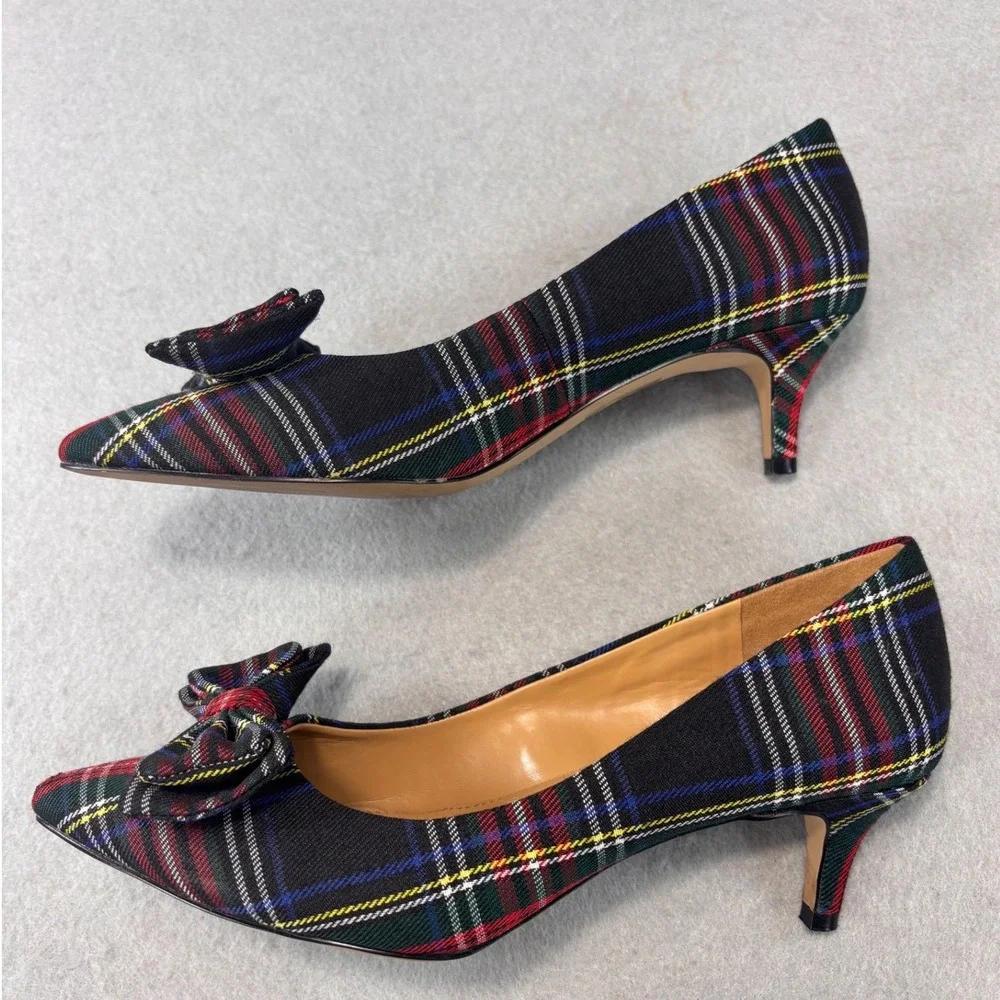 J.Crew Esme Tartan Plaid Kitten Heel Pumps W/ Bow Black & Red Sz 7.5 holiday